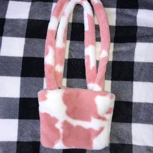 Pink and white cow print fluffy bag